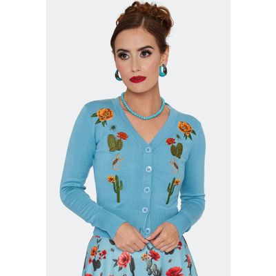 Foto van Voodoo Vixen | Licht blauwe cardigan met Desert Floral Cactus retro western borduursels