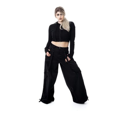 Foto van Vixxsin | Goth punk skaterbroek Mariposa, zwart met corsetdetails en kanten vleugels op de achter