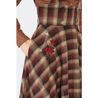 Foto van Voodoo Vixen | Bruin geruite jaren '70 Western rok met rozenborduursel hoge taille en schouderbanden