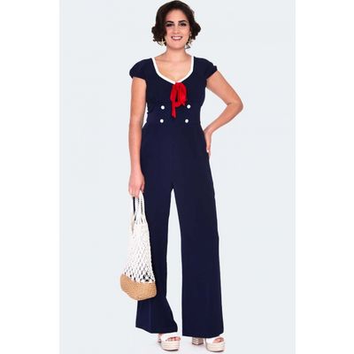 Foto van Voodoo Vixen | Jumpsuit, navy nautical met rode strik