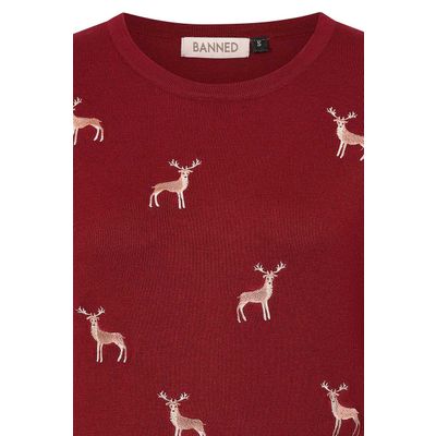 Foto van Banned | Bordeaux-rood truitje met 3/4 mouw en Ruby sweet deer borduursels