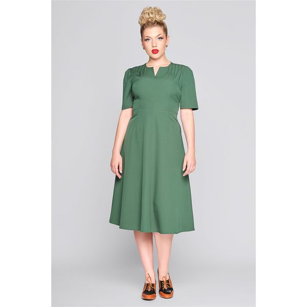 Collectif | Retro a-lijn jurk Arya effen groen met korte mouw