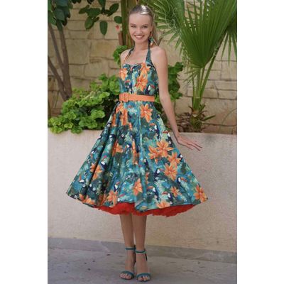 Foto van Dolly and Dotty | Daisy Tiki Toucan vintage halterswing jurk met tropische print