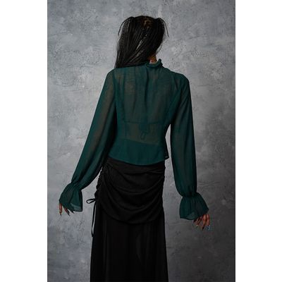 Foto van Banned | Romantische blouse Moonlit, groen met ruche-mouwen en halsstrik 