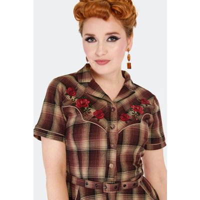 Foto van Voodoo Vixen | Bruin geruite Western jurk in jaren '70 Retro stijl met rozen borduursels