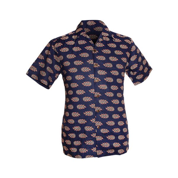 Chenaski | Overhemd korte mouw, leaves blauw creme bordeaux