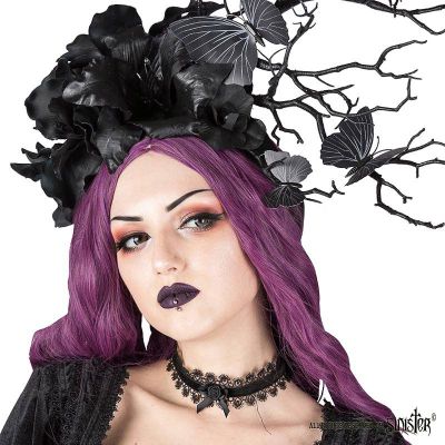 Foto van Sinister | Gothic choker Adrienne, zwart fluweel lint met satijnen roosje