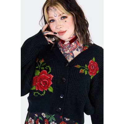 Foto van Jawbreaker | Oversized zwarte cardigan met grote rode rozen borduursel