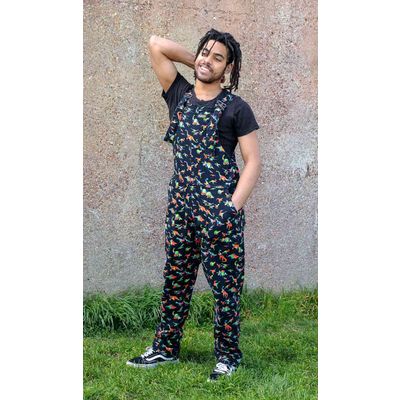 Foto van Run & Fly | Zwarte tuinbroek met regenboog dino print, unisex