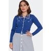 Afbeelding van Voodoo Vixen | Blauwe cardigan met gebloemde retro western borduursels en witte biesjes