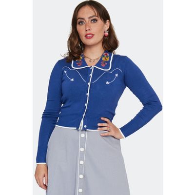 Voodoo Vixen | Blauwe cardigan met gebloemde retro western borduursels en witte biesjes