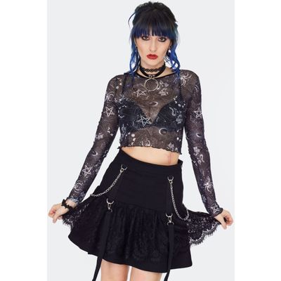 Jawbreaker | Zwart mesh top met lange mouwen en Tarot deck print