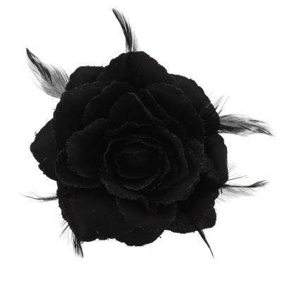 Foto van Zacharia | Zwarte roos met glitter en veertjes op haarclip, broche en elastiek