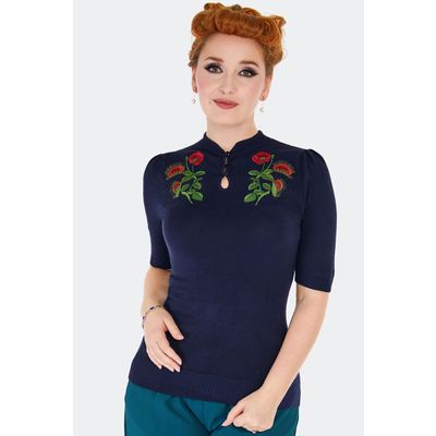 Voodoo Vixen | Blauw jaren '80 truitje met korte mouwen met Venus Flytrap borduursel