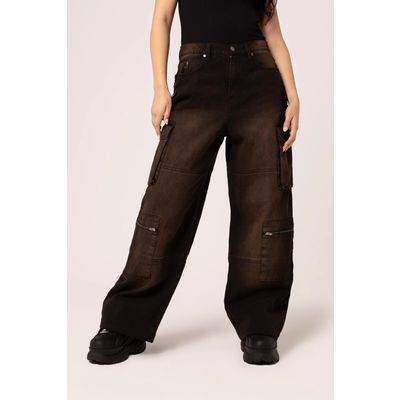 Foto van Hell Bunny | Bruine baggy jeans broek Cameron, met zakken en D-ringen