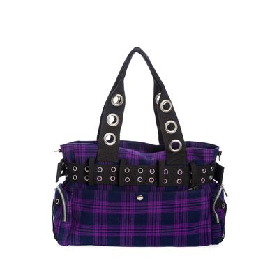 Foto van Banned | Handtas Camdyn van paarse tartan met Gothic & Punk details