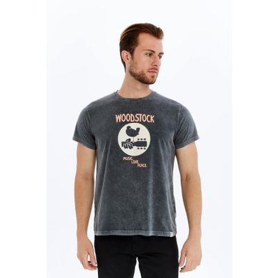 Foto van S-Ponder | Heren T-shirt Woodstock, Music, Love, Peace, grijze stonewash