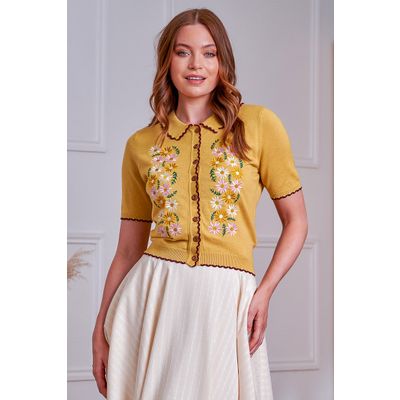Foto van Banned | Gele Cardigan Penny flower met korte mouw en bloemen borduursels, Queensize
