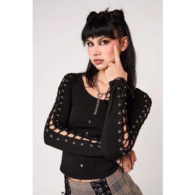 Foto van Hell Bunny | Stoere zwart shirt Grimly, met veterdetail op de lange mouw en oogjes