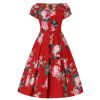 Afbeelding van Dolly and Dotty | Jurk Lily Scarlet rose, rode off shoulder vintage swing jurk met roze rozen
