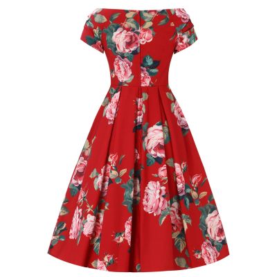 Foto van Dolly and Dotty | Jurk Lily Scarlet rose, rode off shoulder vintage swing jurk met roze rozen