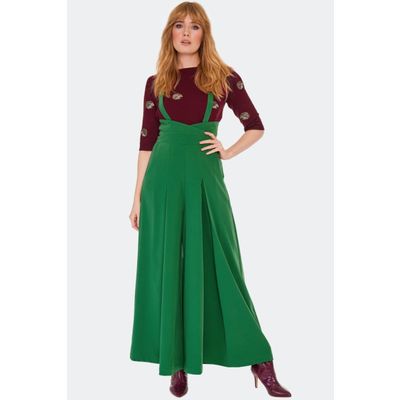 Foto van Voodoo Vixen | Groene broek met extra wijde pijpen, hoge taille en schouderbanden