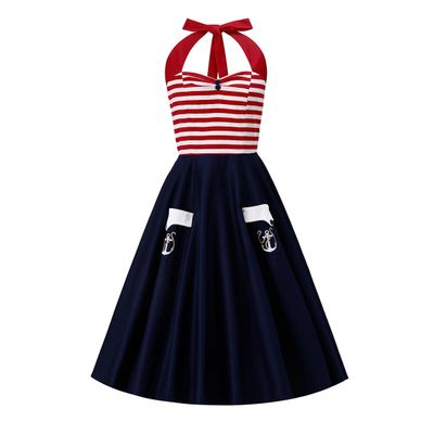 Foto van Dolly and Dotty | Daisy nautical vintage halterswing jurk met gestreepte top en blauwe rok met anker