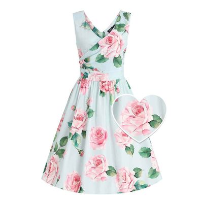 Foto van Dolly and Dotty | Vintage stijl jurk May, lichtblauw met roze rozenprint