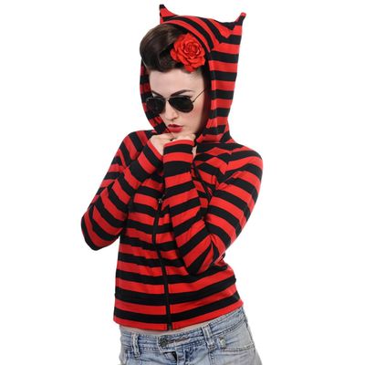 Foto van Banned | Zomer hoodie met rits, zwart rood gestreept met kattenoortjes