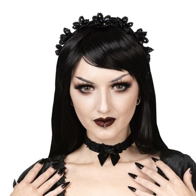 Foto van Sinister | Gothic choker Vesper, zwart fluweel lint met strikjes en roosjes
