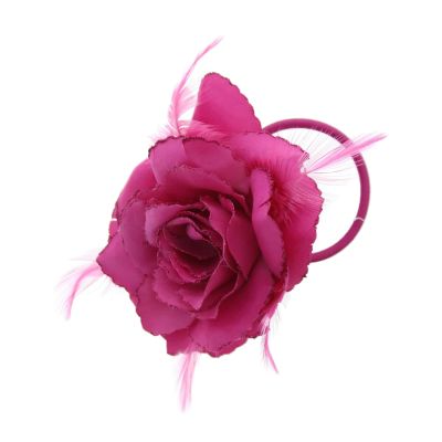 Zacharia | Fuchsia roze roos met glitter en veertjes op haarclip, broche en elastiek