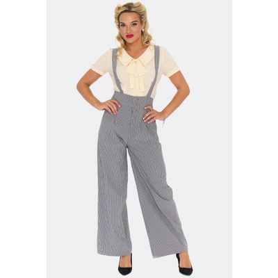 Foto van Voodoo Vixen | Grijs wit gestreepte pantalon met wijde pijpen, hoge taille en schouderbanden