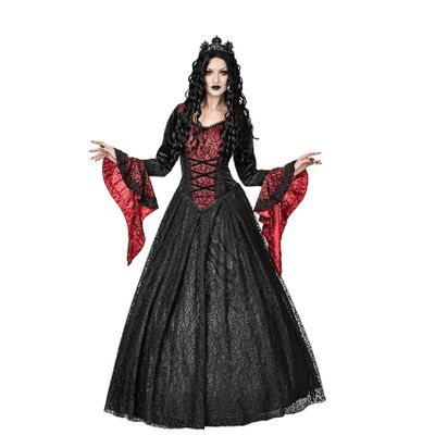 Foto van Sinister | Lange gothic jurk Helo, bordeaux rood satijn onderlaag met zwart kanten overrokken