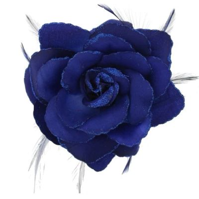Zacharia | Blauwe roos met glitter en veertjes op haarclip, broche en elastiek