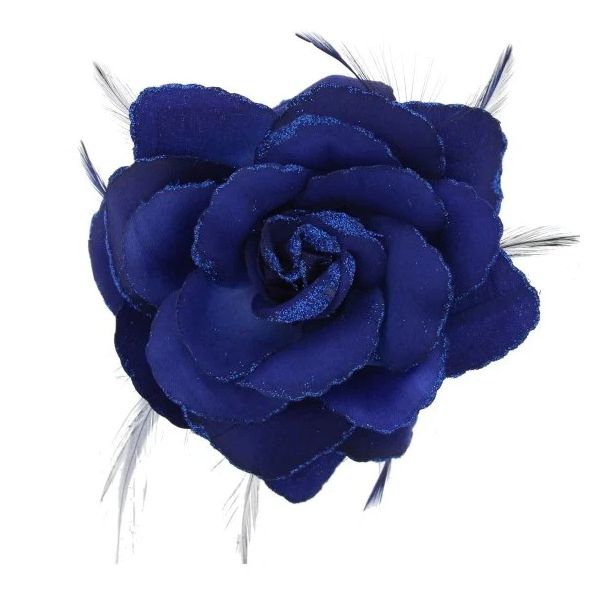 Zacharia | Blauwe roos met glitter en veertjes op haarclip, broche en elastiek