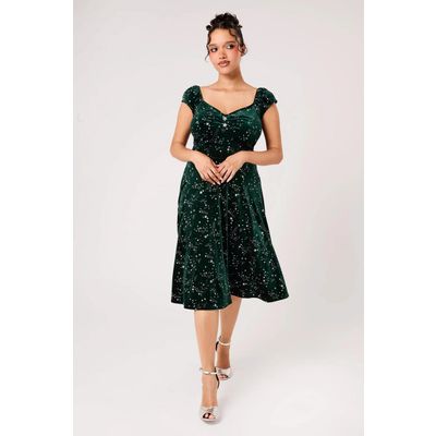 Foto van Hell Bunny | Groene fluwelen jurk Estelle met zilveren glitter-sterren en kapmouwtjes