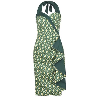 Foto van Collectif | Pencil halterjurk Lorna Tiki Harlequin, groen ruit