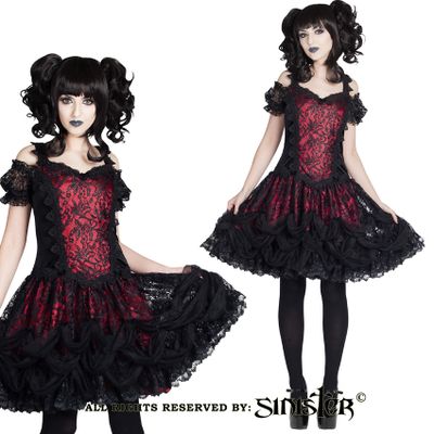 Foto van Sinister | Gothic Lolita mini-jurk Kiki, zwart bordeaux satijn met kant en strikjes