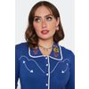 Afbeelding van Voodoo Vixen | Blauwe cardigan met gebloemde retro western borduursels en witte biesjes