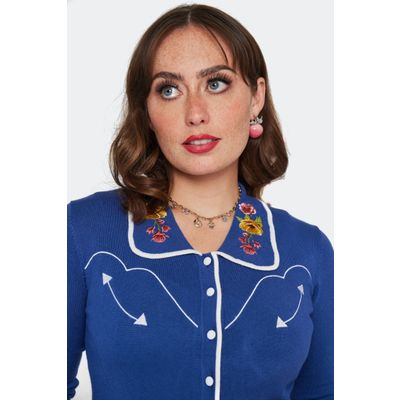 Foto van Voodoo Vixen | Blauwe cardigan met gebloemde retro western borduursels en witte biesjes