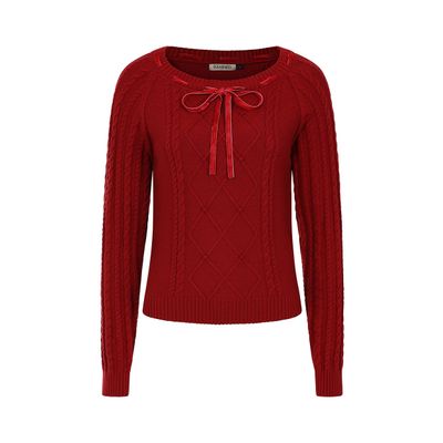 Foto van Banned | Rode jumper met kabel breisel en sierstrik-lint langs de halslijn