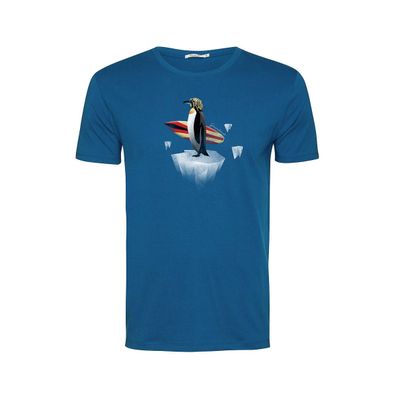 Green Bomb | T-shirt penguin surf, blauw bio katoen