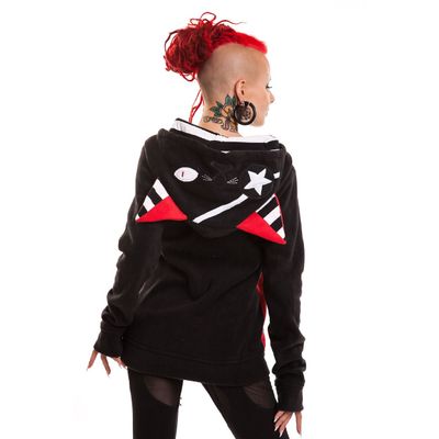Foto van Bye Bye Kitty | Hoody met rits Star Kitty, rood met zwart witte katten oren