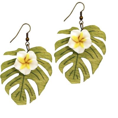 Foto van Miranda's Choice | Oorbellen met witte bloem Plumeria en houten blad