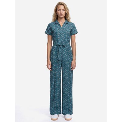 Foto van ATO Berlin | Jumpsuit Olivia, teal petrol met grafisch waaier patroon