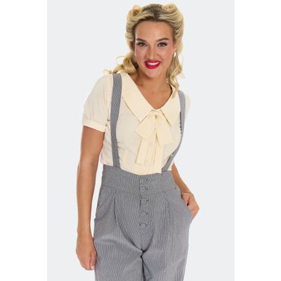 Foto van Voodoo Vixen | Grijs wit gestreepte pantalon met wijde pijpen, hoge taille en schouderbanden