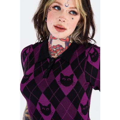 Foto van Jawbreaker | Paars geruite polo mini jurk Argyle met katten snoetjes