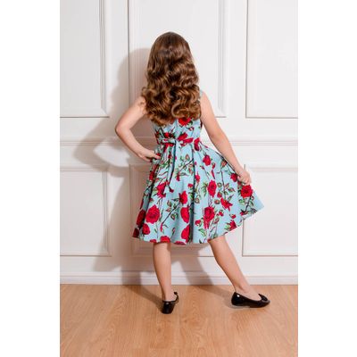 Foto van Hearts and Roses | Kinderjurk Ditsy blauw met grote rode rozen
