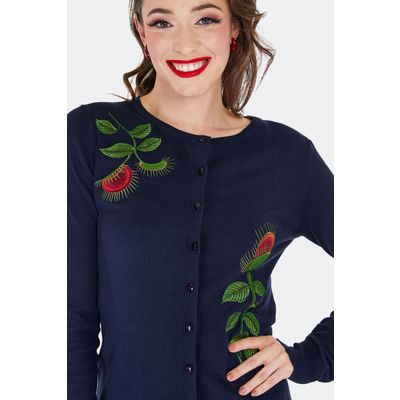 Foto van Voodoo Vixen | Blauwe Vintage cardigan met Venus Flytrap borduursels