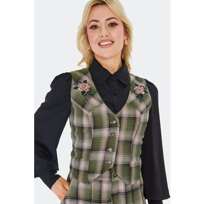 Foto van Voodoo Vixen | Groen geruit Western gilet met knopen en roze rozen borduursels